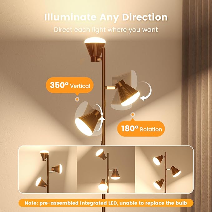 SIBRILLE 36W LED Tree Floor Lamp, Dimmable Tall Standing Lamp with Remote & Touch Control, 4 Color Temperatures Bright Floor Lamp, 3 Rotatable Light Modern Floor Lamps for Living Room Bedroom Office