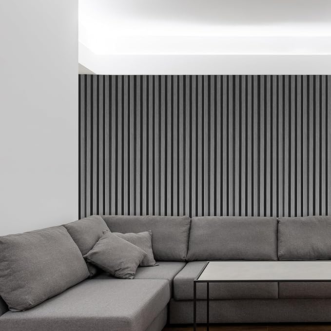 NeatiEase Wood Wall Panels, 9 Feet Acoustic Slat Wall Panels for Interior Wall Decor and Noise Reduction, Decorative Slat Wall Paneling, Dark Gray Oak, 4-Piece