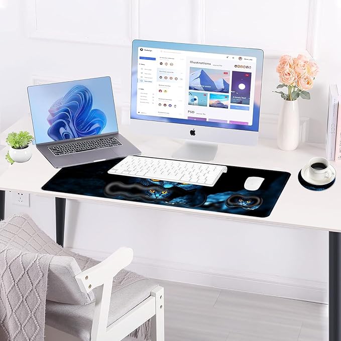 BFUKVOU Large Keyboard Mouse Pad Set, Extended Mouse Pad+Keyboard Wrist Rest Support, Memory Foam Ergonomic Easy Typing, 4Pcs (31.5×11.8 in) Desk Pad Set for Office Home,Black Cat with Glowing Eyes