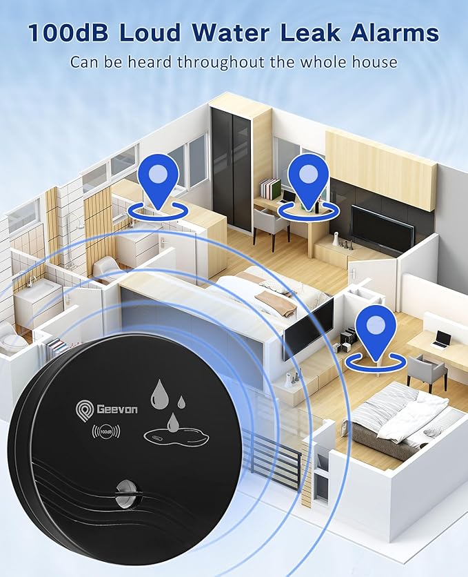 Geevon 2 Pack Water Leak Detectors, 100dB Water Sensor Alarms Flood Detector for Basements, Bathrooms, Laundry Rooms, Kitchens, Garages, and Attics, Water Alarms Battery-Operated (Battery Included)
