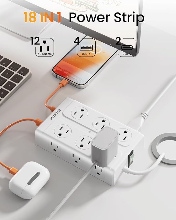 Zoxwzop Surge Protector Power Strip – 10FT Extension Cord with 12-Outlet 4 USB-A & 2 USB-C Ports, 1850W/15A, Flat Plug, Wall Mountable – ETL Listed for Home, Dorm Room