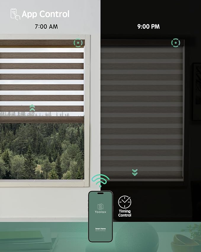 Yoolax Motorized Zebra Blinds Compatible with Alexa, Smart Room Darkening Shades with Privacy Light Control, Electric Horizontal Window Blind Customized Size for Home Office (Wool Brown)