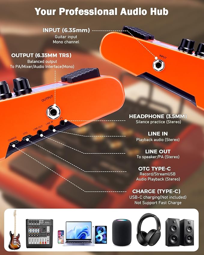 JOYO 10W Portable Guitar Practice Amp & Multi-Effects Pedal Combo Amplifier with Footswitch,OTG Recording, Bluetooth,14 Amp Models,3-Band EQ,36 Drum Patterns & Looper (JAM Buddy II, Orange)