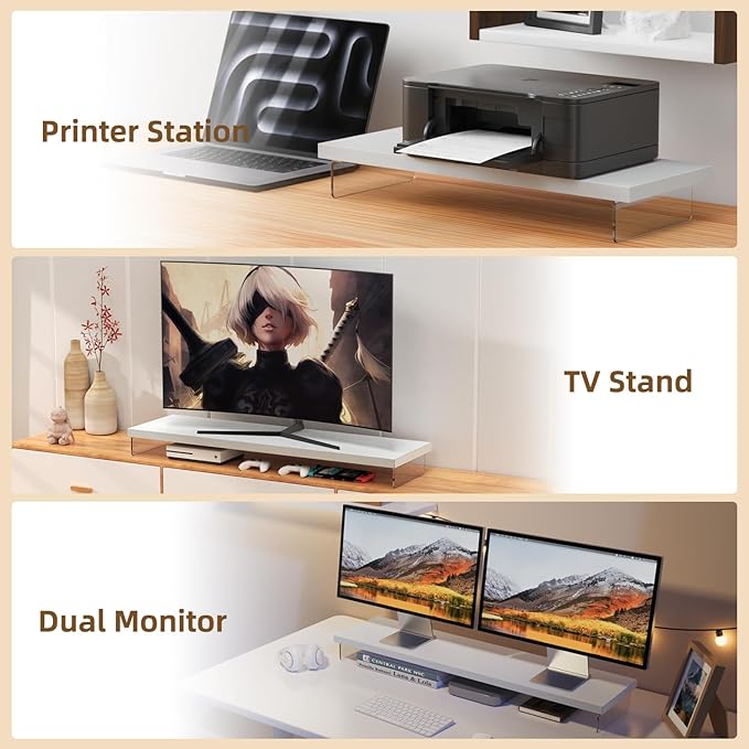SSWOOD Monitor Stand Riser, Wood & Acrylic Computer Monitor Stand Desk Desktop Organizer Table for Home, Office Workspace, Laptop Riser, Printer, PC & TV Screen Riser