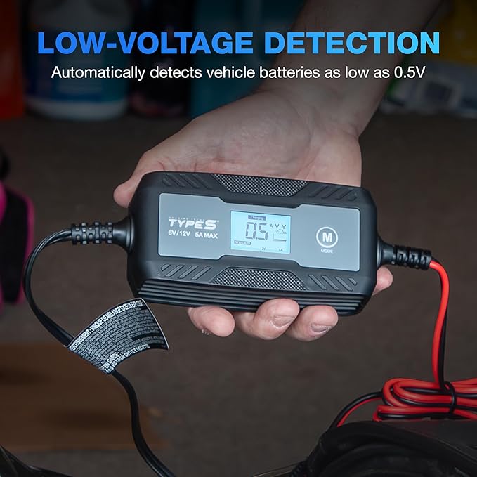 Type S 5A Smart Battery Charger & Maintainer – 6V & 12V Automatic Car Battery Charger for Cars, Trucks, Motorcycles, Boats, ATVs, Lawn Mowers, RVs – Lead-Acid, AGM, Gel, LiFePO4 Batteries