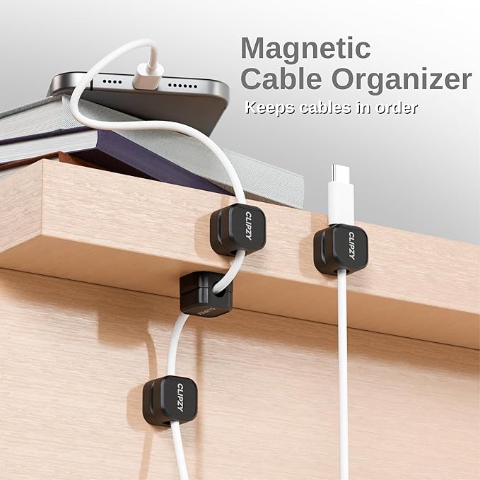 Clipzy 6 Pack Magnetic Cable Clips & Cord Holder, Under Desk Cable Management, Adhesive Wire Holder Keeper Organizer for Home Office Computer Desk Phone Car Wall Desktop Nightstand - Black