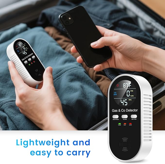 5 in 1 Carbon Monoxide Detectors Plug in with Temperature Humidity Sensor Built in Battery Backup, Natural Gas Leak Detector with Clear LED Display Sound & Light Warning for Home/Hotel, 2Pcs, Black.