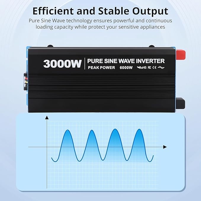 3000W Pure Sine Wave Inverter 1 USB Port 5v/2.4a,LCD Display&Remote Controller for Home, RV, Truck