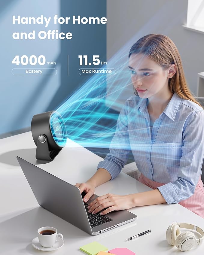 Gaiatop Small Desk Fan Rechargeable, 5in Personal Fan 4000mAh Battery Powered, Touch Control LED Display, 360° Tilt, 5-Speed Strong Wind, Bedroom Dorm Office Desk Accessories, Gifts for Women Men