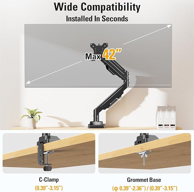 DreamAxis Heavy Duty Single Monitor Arm for 13-42" Ultrawide Screen, Adjustable Monitor Mount with Tilt Rotation Swivel, Gas Spring Desk Mount Bracket with Clamp/Grommet, Holds 33lbs, Max VESA 100x100