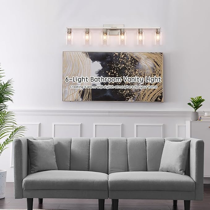 SOPEAS 6-Light Bathroom Light Fixtures, Vanity with Clear Glass, Brushed Nickel Lighting Fixtures Over Mirror, 42inch Large Lights for Bathroom
