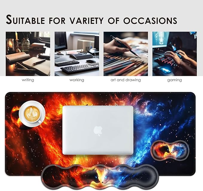 BFUKVOU Large Keyboard Mouse Pad Set, Extended Mouse Pad+Keyboard Wrist Rest Support, Memory Foam Ergonomic Easy Typing, 4Pcs (31.5×11.8 in) Desk Pad Set for Office Home,Cool Wolves