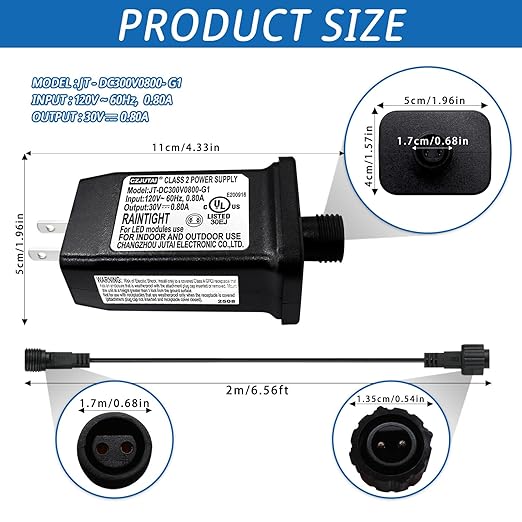 30V 0.8A LED Controller with Extension Cord, Replacement Model JC-DC300V0800-G1 Class 2 Power Supply IP44 Low Voltage Transformer for Christmas Light