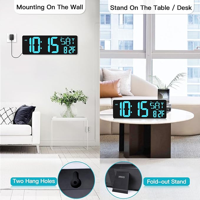 XREXS Large Digital Wall Clock with Remote Control, 17.2 Inch LED Large Display Count Up & Down Timer, Adjustable Brightness Alarm Clock with Day/Date/Temperature for Home, Gym, Office and Classroom