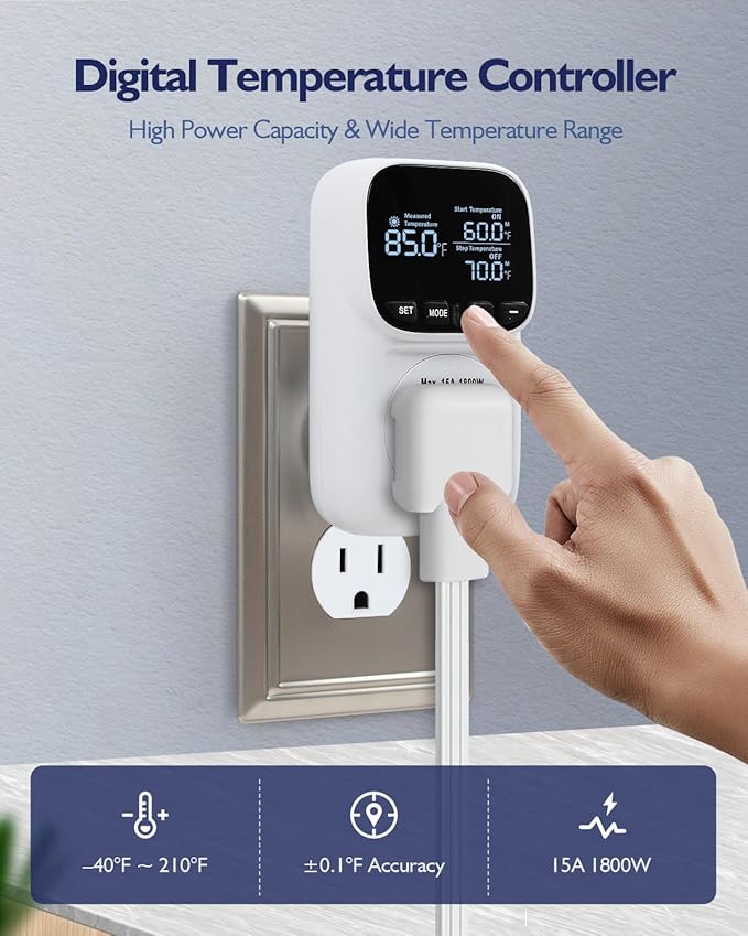 ZILLSEA Digital Temperature Controller, Heating & Cooling Thermostat Plug Outlet, –40°F~210°F, 15A 1800W, LCD Display, Temperature Controlled Outlet for Home, Greenhouse, Chicken Coop, Reptile
