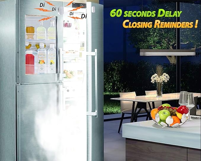 Fridge & Freezer Door Alarm with Delay When Left Open, 60sec, 120sec, 180sec Reminders, Refrigerator Door Chime (Pack 2).