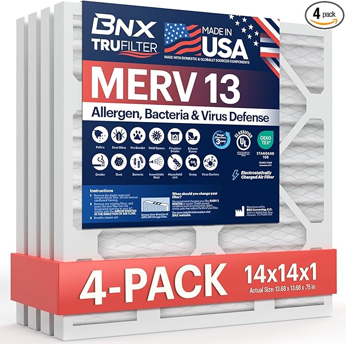 BNX TruFilter 14x14x1 Air Filter MERV 13 (4-Pack) - MADE IN USA - Electrostatic Pleated Air Conditioner HVAC AC Furnace Filters for Allergies, Pollen, Mold, Bacteria, Smoke, Allergen, MPR 1900 FPR 10