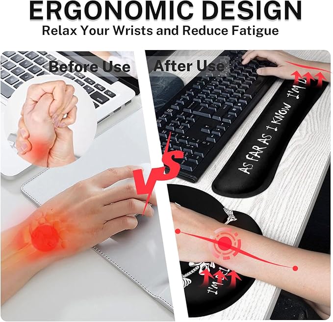 Britimes Black Skull Skeleton Keyboard Mouse Pad Set 4in1 Large Mousepad+Keyboard Wrist Rest+Mouse Wrist Rest+Coaster Set with Ergonomic Design for Home Office Computer 35.4x15.7 inches