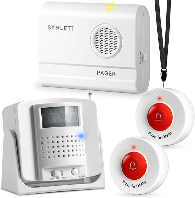 SYNLETT Caregiver Pager Wireless Call Buttons Motion Sensor Alarm Indoor for Elderly Monitoring Fall Prevention Bed Alarm Alert System Portable Nurse Call for Seniors Dementia Patients Emergency