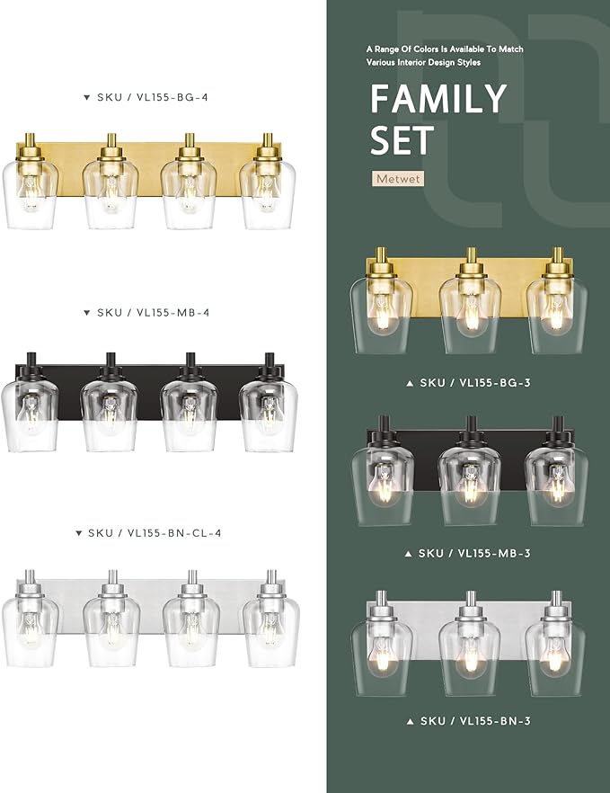 METWET Bathroom Light Fixtures, 3-Light Modern Vanity Light with Clear Glass Wine Glass-Shaped Shade, Vanity Lighting Fixtures Over Mirror, Matte Black, VL155-MB-3