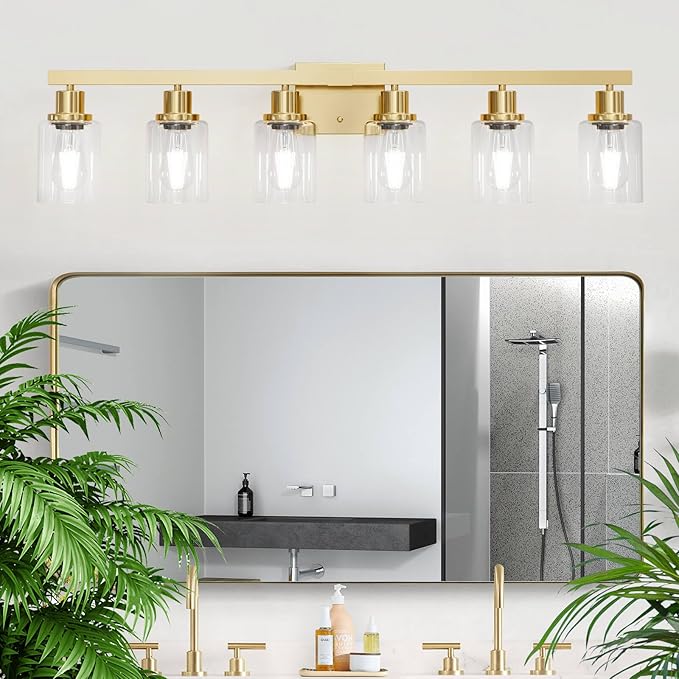 DIKAIDA 6 Light Gold Bathroom Vanity Light,Bathroom Light Fixtures, 38" Modern Brushed Gold Vanity Lighting Fixtures for Bathroom Over Mirror, Gold Sconces Wall Lighting for Bedroom