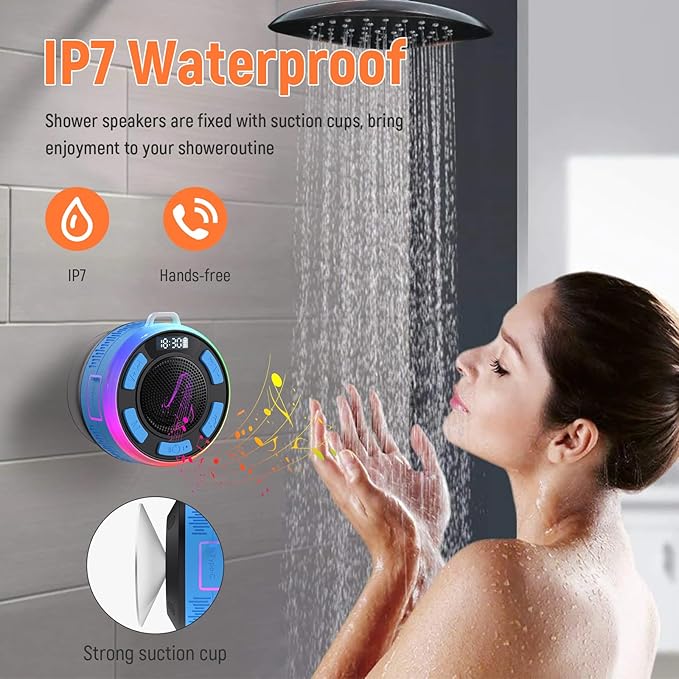 Shower Bluetooth Speaker IPX7 Waterproof, Portable Bluetooth Speakers with Suction Cup and Time Display, Crystal Sound&Bass LED Light 1100mAh, Wireless Shower Speaker for Outdoor/Kayak Dark Blue