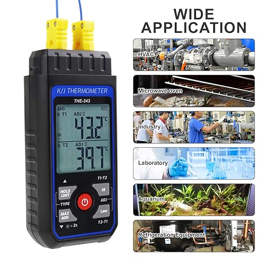 Thermocouple Thermometer Digital K Type Thermometer with 4 Thermocouples, -328~2500℉ Measuring Range HVAC Dual Channels Temperature Meter Gauge with LED Backlight & ADJ Compensation
