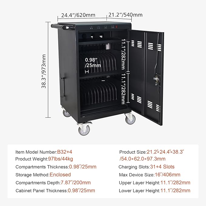 Aokleo Laptop Charging Cart,35 Devices Tablet Storage Carts for pad Up to 16.3" Screen Size, Classroom Computer Mobile Charging Station for Pads, Chromebooks,Laptops, Security Storage(31+4 Bay-Black)