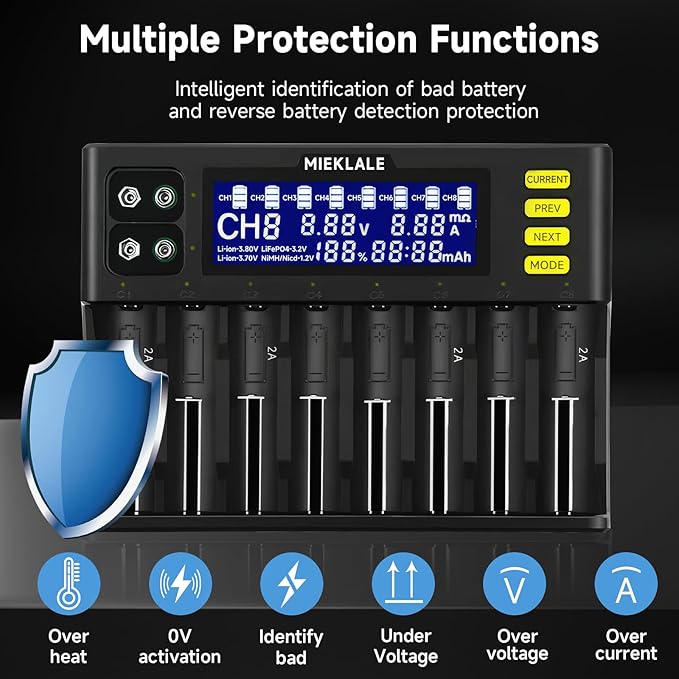 18650 Battery Charger, MIEKLALE 8+2 Bays Smart Universal Battery Charger with LCD Display for Rechargeable Batteries Li-ion LiFePO4 RCR123 16340 26650 10440 14500 & 9V, NiMH NiCd AAA AA(8+2Slots)