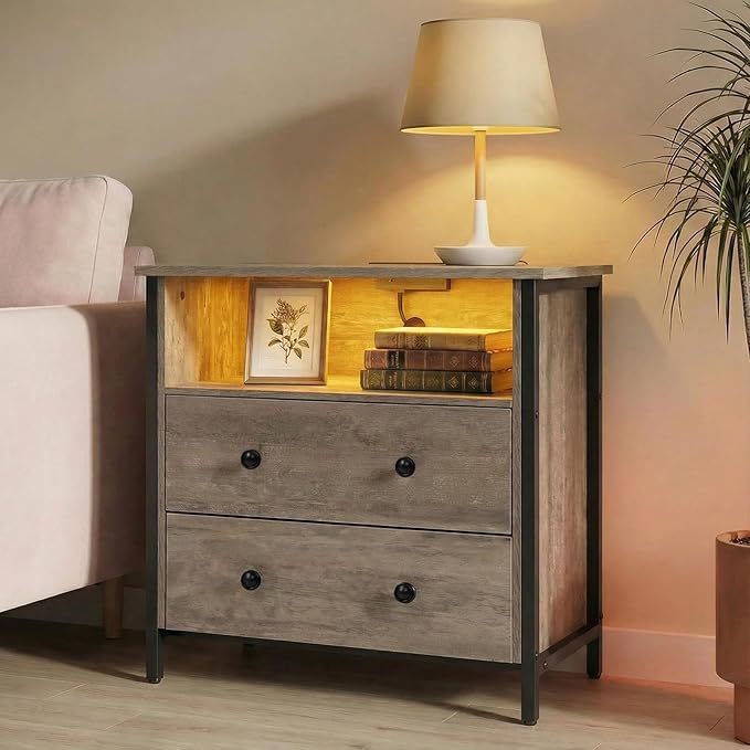 Tykacna 27 Inch Wide Night Stand, Large Wood Night Stand with 2 Drawers, LED Nightstand with Charging Station and Adjustable Drawer, Bedside Table for Living Room/Bedroom/Study/Office, Gray.