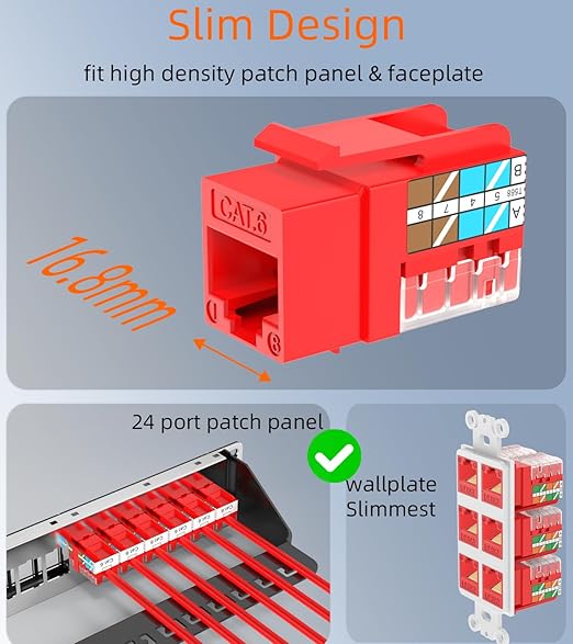 Rapink RJ45 Keystone Jack Cat6 10G Support, Keystone Jacks UTP 50 Pack for Wall Plate and Patch Panel, Rj45 Keystone 90 Degree Red Color for Cat6, Cat5e, Cat5 Cabling