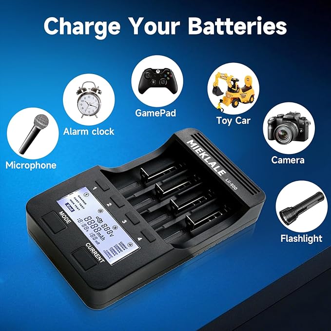 18650 Battery Charger, MIEKLALE 4 Bay Battery Charger with LCD Display Fast Charge for Rechargeable Batteries Li-ion 26650 18650 16340 10440 14500 20700,NI-MH NI-Cd AA AAA