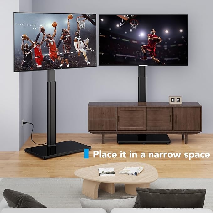 AX WABER Floor TV Stand with Power Outlet, Universal TV Stand Mount for 27-65 inch TV up to 88lbs, 70 Degree Swivel 9 Level Height Adjustable with Tempered Glass Base for Bedroom, Office Black
