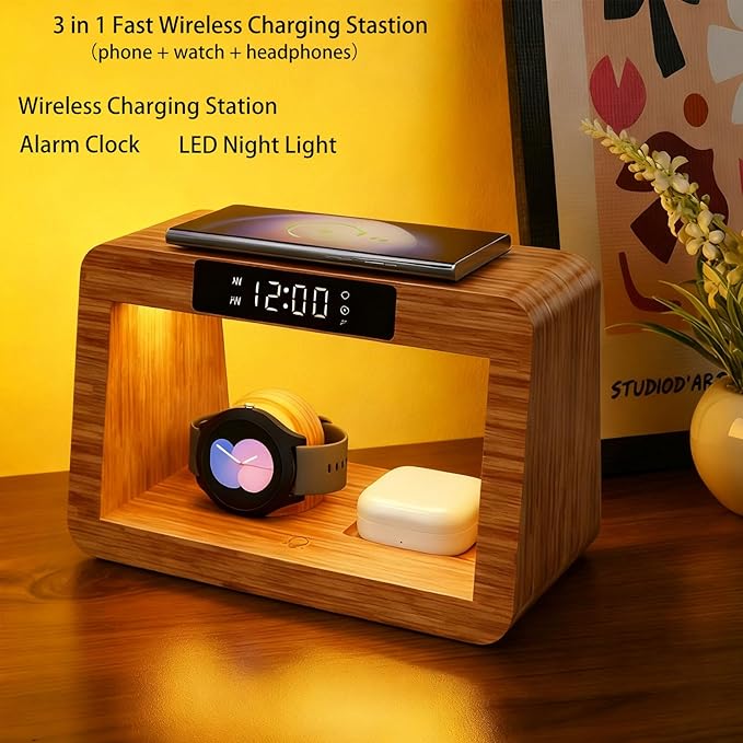 Bamboo Wireless Charging Station, 3 in 1 Charging Station with Light & Clock for Samsung & Android Phone, Wireless Phone Charger Station Only for Samsung Watch