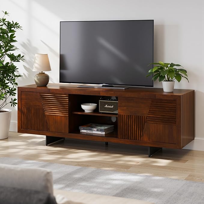 Trapeze TV Stand for Living Room – Wooden Media Console with Storage, Metal Legs, Large Walnut TV Stand for Stylish Home Entertainment Setup