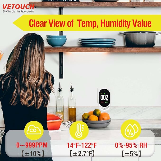 VETOUCH Plug-in Carbon Monoxide Detector with Digital Color Display CO Detector for CO, Temperature & Humidity, 85dB Loud Alert, Self Test Function vetouch CO Detector, for Home, Bedroom, Kitchen, RV