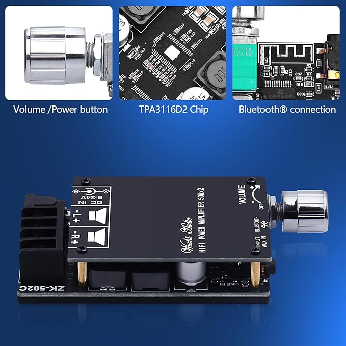 Audio Amplifier Board, ZK-502C Mini Bluetooth Amp Receiver 2.0 Channel 50W x 2, DC 9-24V Stereo Power Amplifier with Bluetooth and AUX Inputs for Home Speakers