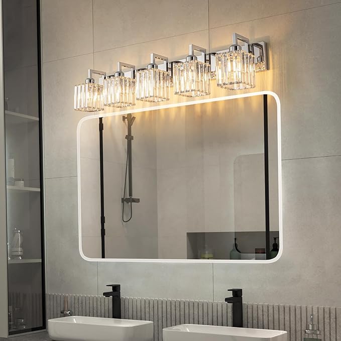 FDPBY Modern Bathroom Vanity Light 5-Lights Chrome Crystal Wall Lamp Bathroom Modern Crystal Vanity Lighting