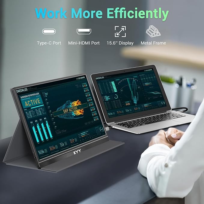 KYY Portable Monitor 15.6'' FHD 1080P USB C HDMI Gaming Monitor Ultra-Slim IPS Display w/Smart Cover & Speakers, Plug&Play, External Monitor for Laptop PC Phone Mac Xbox PS4