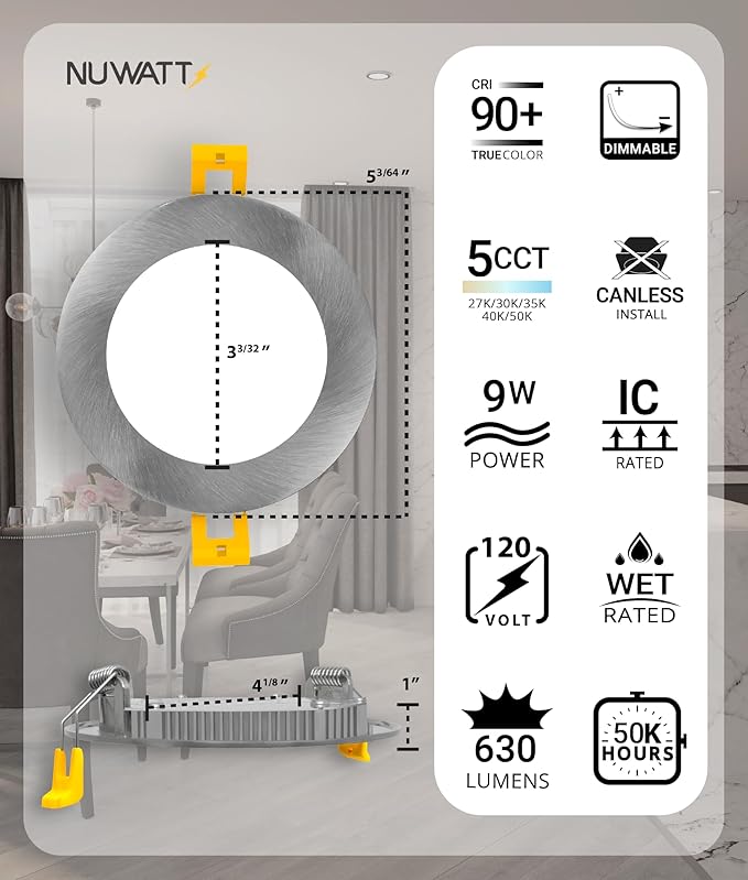 NUWATT 12 Pack, 4 Inch Ultra-Thin Recessed LED Lights Brushed Nickel, 5CCT 2700K/3000K/3500K/4000K/5000K Selectable, 630LM, 9W, IC Rated, Dimmable Canless Downlight With Junction Box, Energy Star, ETL