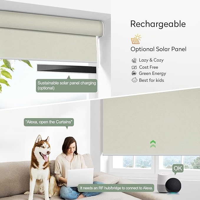 ZSHINE Motorized Blackout Window Blinds Customize Width Remote Control Rechargeable Motor Roller Shades for Windows, Home, Office, Hotel, Club, Restaurant(82026B)