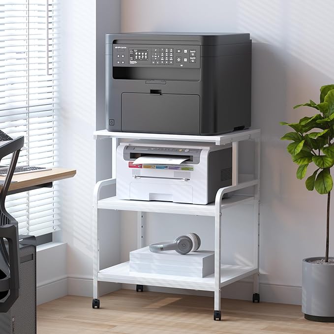 Arbuxzuy Large Printer Stand with Storage Shelf, 23.6" W x 18.9" D Printer Cart with Wheels, 3 Tier Mobile Printer Table for Home Office,Stands for Heat Press Scanner Fax (White)
