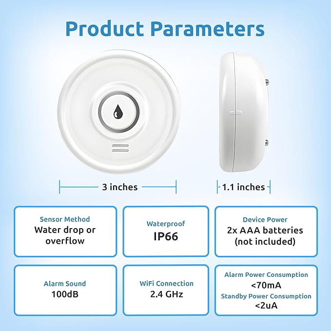 Drip Defender Pro Water Sensor | Wi-Fi Water Leak Detector for Home with 100dB Alarm, High Sensitivity, IP66 Waterproof, Easy Installation, Smart Moisture Alarm for Kitchens, Basements, and Bathrooms