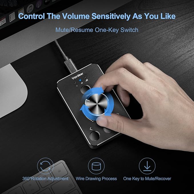Vaydeer Volume Control Knob with One-Click Mute Function and 3 Volume Control Modes, USB Volume Knob Multimedia Controller for Win 7/8/10/Mac, Gift for Festivals Loved Ones