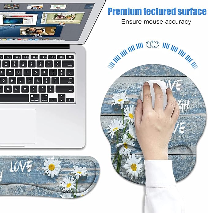 Keyboard Wrist Rest + Mouse Pad Wrist Support Set with Coasters, Dreamy Daisy Vintage Wood Board Live Laugh Love Design Non-Slip PU Base Ergonomic Mousepad for Home Office Working Studying