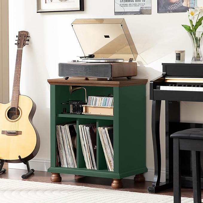 Joaxswe Record Player Stand with Vinyl Record Storage, 24" Wide Mid-Century Record Player Table Up to 200 Albums,Large Wood Turntable Stand Cabinet Dispaly Shelf for Living Room,Bedroom,Green