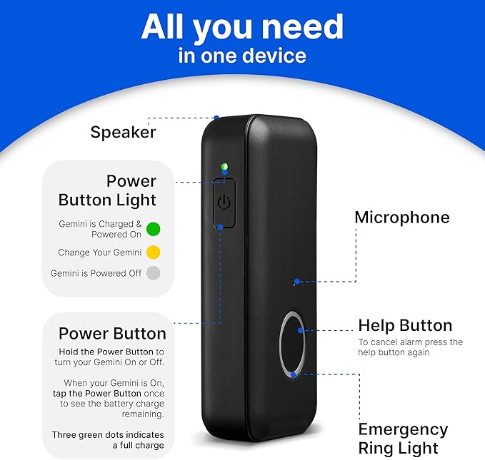 Home&Wellness Senior Safety Gemini Go Anywhere Medical Alert Device Button with Fall Detection ATT Cellular