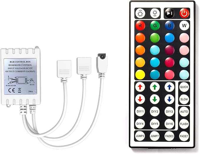 DAYBETTER Led Lights 2 Ports 44 Key Remote Control, Dimmer for Strip, 4 Pin Output Remote Controller for Led Strips 12 24V DC Tape Light (Without Power Adapter)