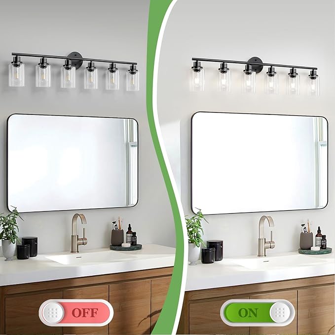 Guliaofo 6-Light E26 Black Bathroom Vanity Lights, Modern Bathroom Light Fixtures with Clear Glass Shade, Wall Lamps for Mirror Hallway Kitchen Cabinet Living Room Sconces Lights
