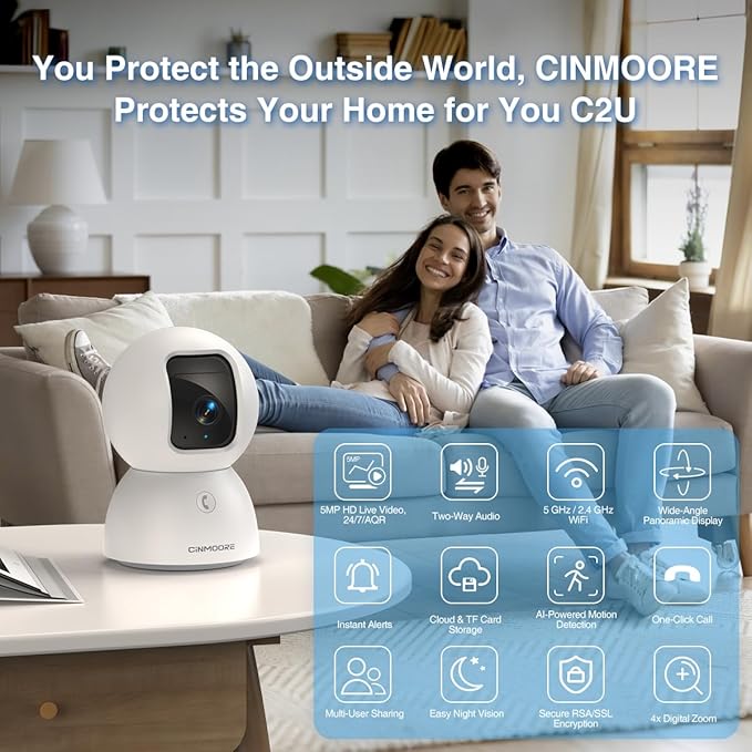 CINMOORE 3K Indoor Camera with 64GB Card, Human/Pet/Facial AI Detection, Dog/Cat/Pet Camera Indoor with Phone APP, 5GHz 2.4GHz Dual Band Wi-Fi 6, 360 Pan Tilt Auto Tracking, Night Vision, 2-Way Talk